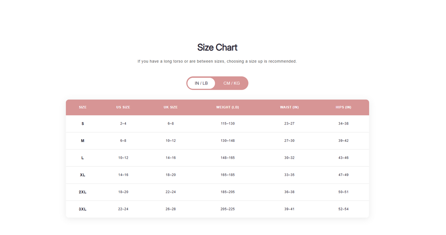ZENViiQ™ women’s shapewear size guide showing US size, UK size, weight range, waist and hips measurements
