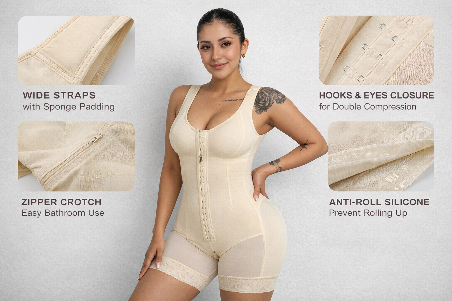 Zenviiq beige faja shapewear full body bodysuit showing wide straps, hook and eye closure, zipper crotch and anti roll silicone for tummy control and waist slimming