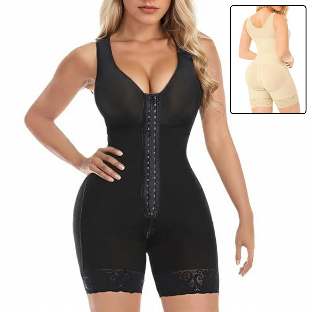 Zenviiq black faja shapewear full body bodysuit with front hook and eye closure for waist slimming, tummy control and full body shaping