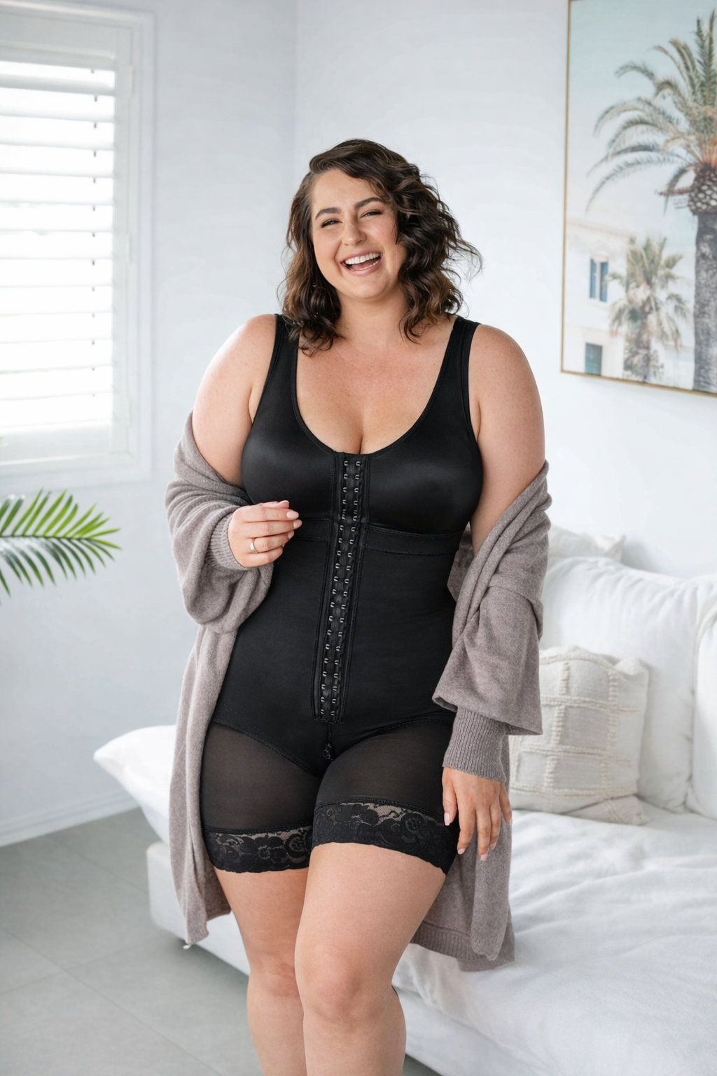 Zenviiq black faja shapewear full body bodysuit worn by a woman, featuring waist slimming, tummy control, butt lifting and back support