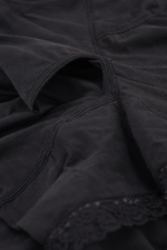 Close-up detail of Zenviiq black faja shapewear showing zipper crotch design, breathable fabric and lace trim for comfort and shaping