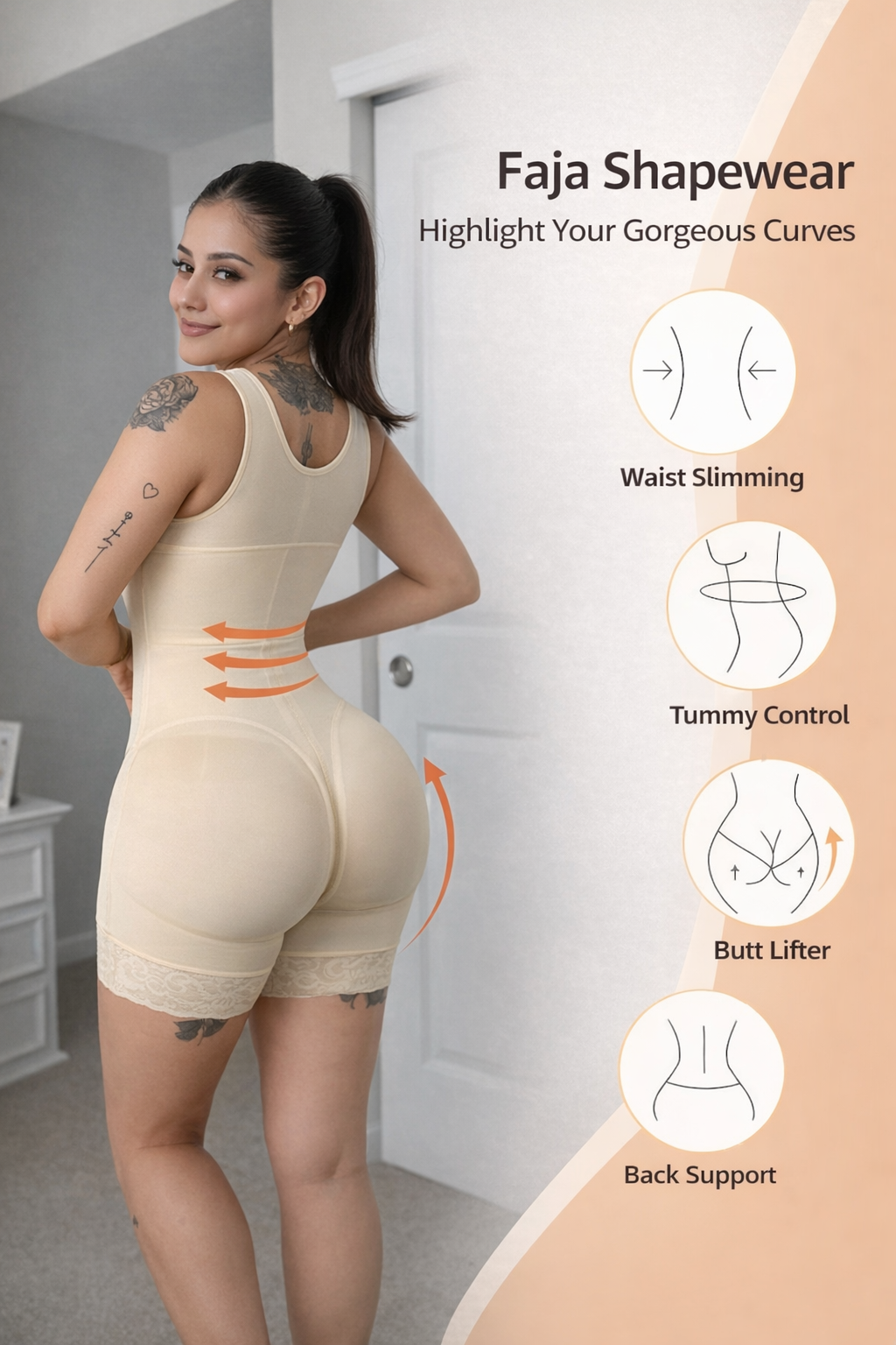 Zenviiq faja shapewear full body bodysuit for waist slimming, tummy control, butt lifting and back support for women